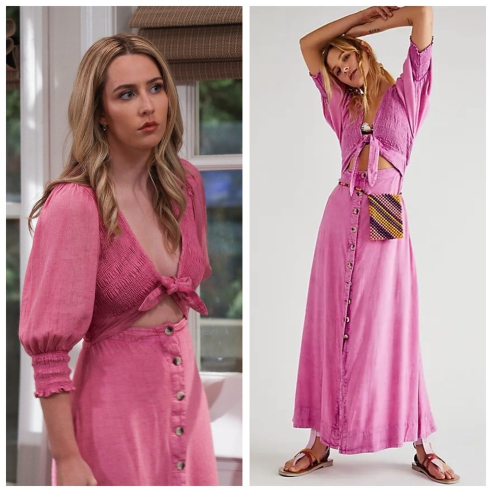 NWOT Anthro Free People String of Hearts Maxi Smocked Pink Button Dress Sz S